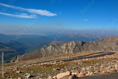 Top of Mount Evans rocky slopes with clear blue skys