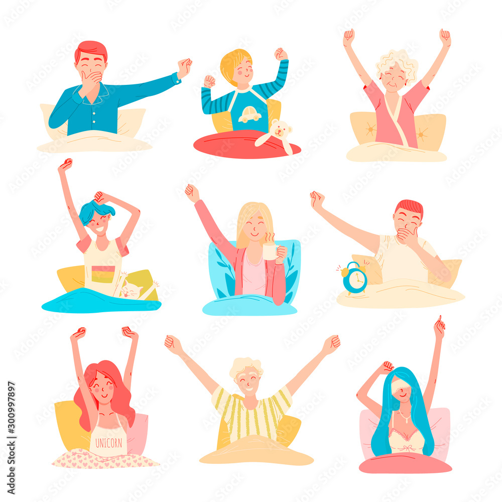 Vector Set of different people wake up in the morning in their bed, happy faces. Vector Set of different people wake up in the morning in their bed, happy faces.