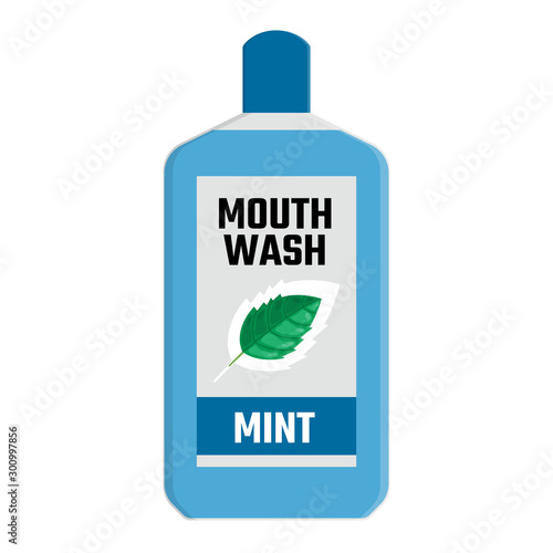 Mouthwash blue color with green mint leaf cartoon isolated on white background. Teeth protection, oral care, dental health concept for poster, banner. Vector illustration for any design.