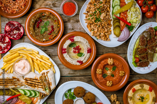 assorted Turkish dishes, hummus, muhamara, mutabal, falafel, shawarma