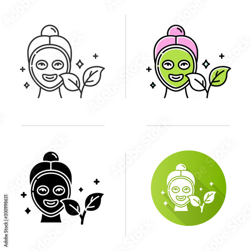 Face mask icon. Skincare routine. Plant-based. Beauty product. Facial healing treatment. Hydrating, cleansing. Organic cosmetics. Flat design, linear and color styles. Isolated vector illustrations