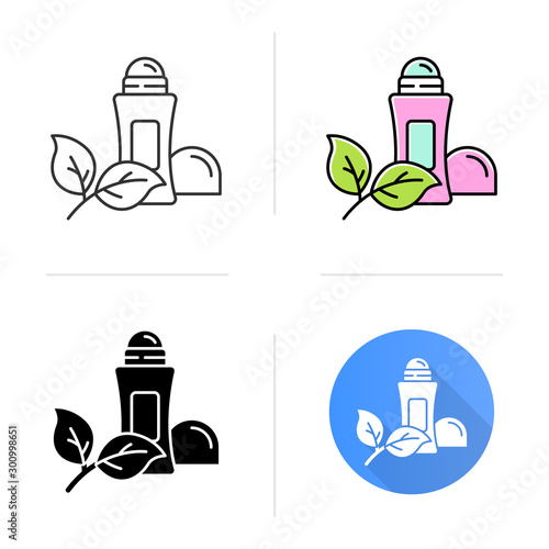 Natural roll-on deodorant icon. Hypoallergenic antiperspirant. Personal care product. Hygiene. Alluminium-free. Organic cosmetics. Flat design, linear and color styles. Isolated vector illustrations