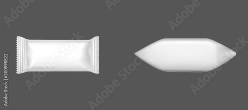 White candy wrappers, blank foil or paper sachet wrapping package for lollipop and chocolate sweets, isolated design elements for production advertising. Realistic 3d vector illustration, clip art