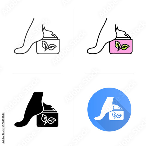 Foot cream jar color icon. Moisturizing lotion. Hydrating skincare product. Footcare. Dry skin solution. Organic cosmetics. Flat design, linear and color styles. Isolated vector illustrations