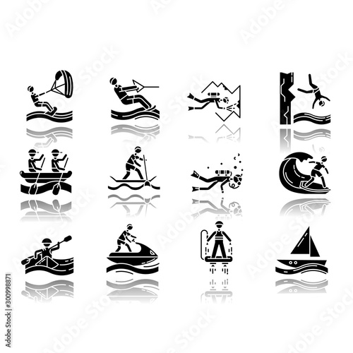 Watersports drop shadow black glyph icons set. Cave diving, kiteboarding and flyboarding. Cliff jumping and paddle surfing. Watercraft, extreme kinds of sport. Isolated vector illustrations