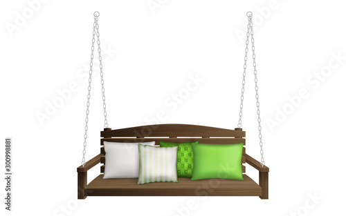 Wooden porch swing bench with pillows. Classic outdoor garden patio furniture for leisure hanging on ropes with soft cushions isolated on white background. Realistic 3d vector illustration, clip art