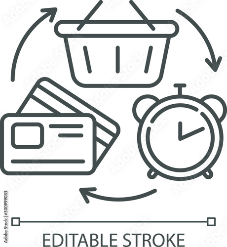 Revolving credit linear icon. Consumer lines of credit. Buying goods with borrowed money. Commerce, retail. Thin line illustration. Contour symbol. Vector isolated outline drawing. Editable stroke