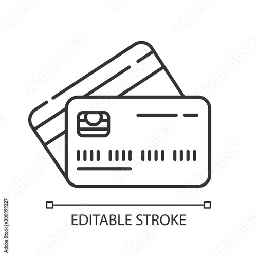 Plastic credit cards linear icon. Purchase goods online. Pay without cash. Credit bank accout. Open deposit. Thin line illustration. Contour symbol. Vector isolated outline drawing. Editable stroke