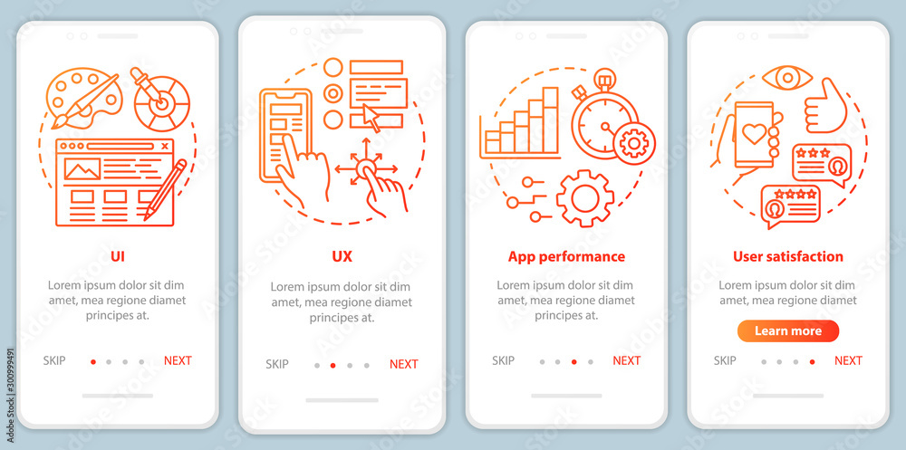 Software development onboarding mobile app page screen vector template. Application programming. Walkthrough website steps with linear illustrations. UX, UI, GUI smartphone interface concept