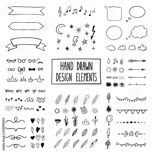 Vector black and white modern set with hand draw doodle llustrations. Can be used as elemets for your design for greeting cards, nursery, poster, card, birthday party, packaging paper design, baby t