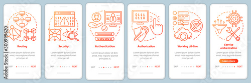 Mobile software development onboarding mobile app page screen vector template. App programming. Walkthrough website steps with linear illustrations. UX, UI, GUI smartphone interface concept