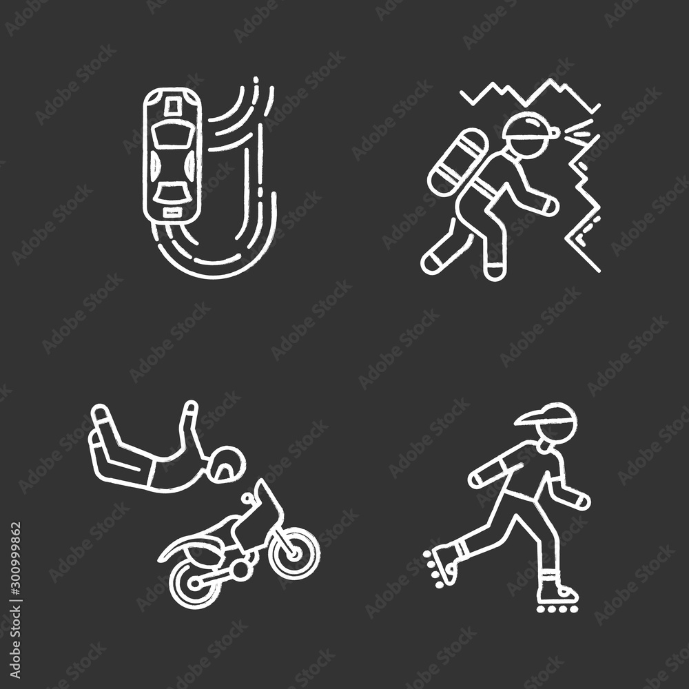 Fototapeta premium Extreme sports chalk icons set. Auto racing. Drifting car. Caving, potholing. Spelunking. Motorcycle stunt riding. Freestyle motocross. Inline skating. Isolated vector chalkboard illustrations