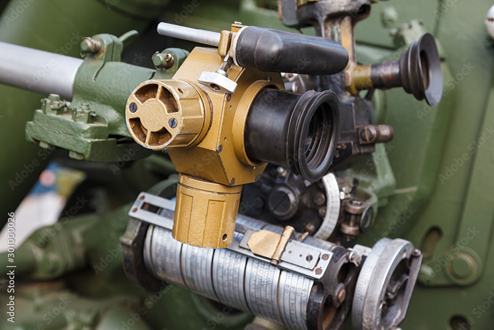 Part of the sighting mechanism of artillery gun. Close up Part of the sighting mechanism of artillery gun. Close up