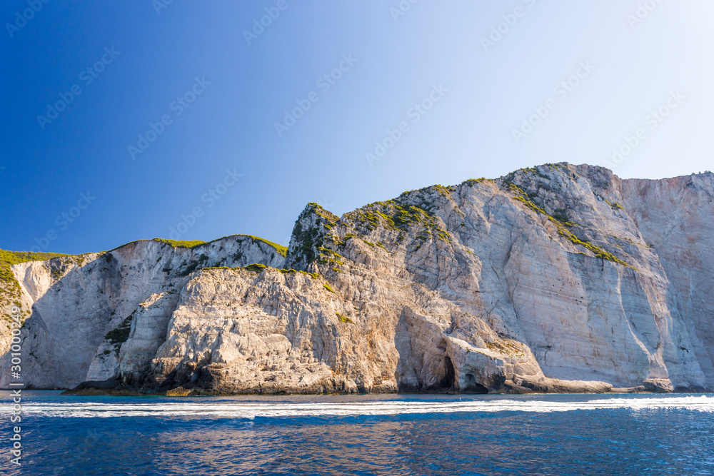 View of the bay from the sea, near Zakynthos, clear weather.