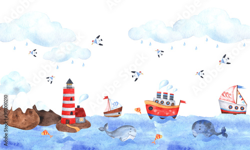 Marine composition of watercolor elements with a lighthouse, seagulls, sea, whale, ships, seagulls, stars, clouds and waves. Great for decorating holidays, postcards, textiles, children’s stickers and photo