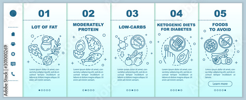 Keto diet onboarding mobile web pages template. Healthy nutrition. Low carbs and lot of fat eating. Responsive smartphone website gradient interface. Webpage walkthrough step screens. Color concept