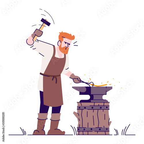 Medieval blacksmith flat vector illustration. Smith working with hammer and anvil isolated cartoon character with outline elements on white background. Historical, fairytale craftsman