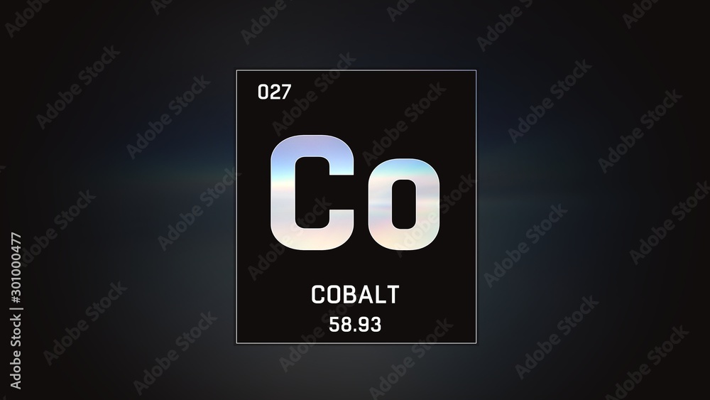 3D illustration of Cobalt as Element 27 of the Periodic Table. Grey illuminated atom design background with orbiting electrons. Design shows name, atomic weight and element number 3D illustration of Cobalt as Element 27 of the Periodic Table. Grey illuminated atom design background with orbiting electrons. Design shows name, atomic weight and element number