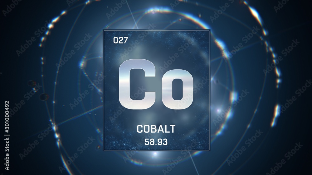 3D illustration of Cobalt as Element 27 of the Periodic Table. Blue illuminated atom design background with orbiting electrons. Design shows name, atomic weight and element number
