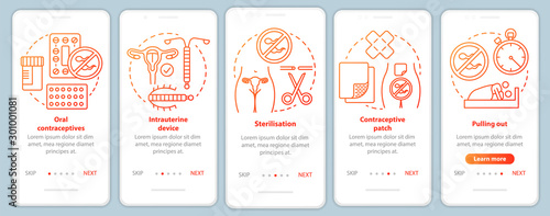 Safe sex onboarding mobile app page screen vector template. Oral contraceptive. Walkthrough website steps with linear illustrations. Intrauterine device. UX, UI, GUI smartphone interface concept