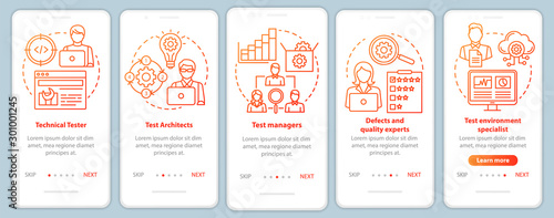 Software testing roles orange onboarding mobile app page screen vector template. Qulity control experts. Walkthrough website steps with linear illustrations. UX, UI, GUI smartphone interface concept