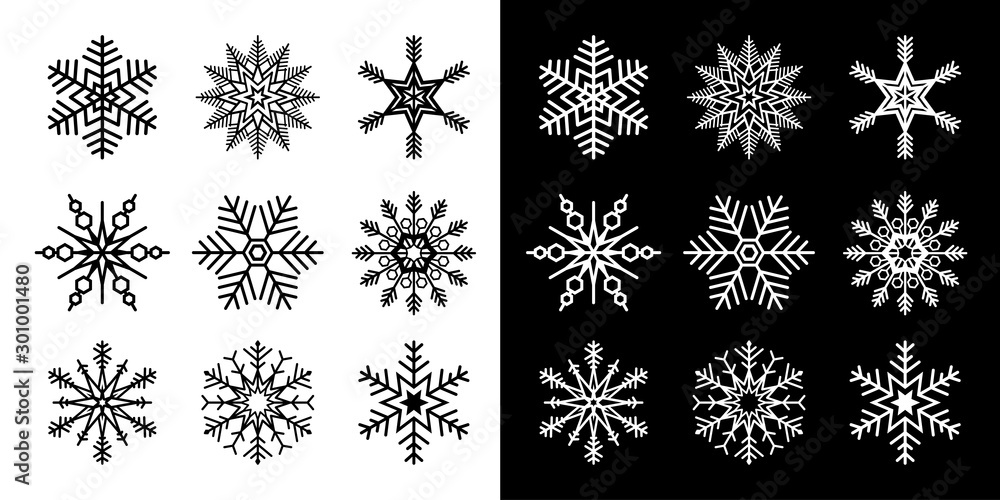 Snowflakes set isolated vector illustration in both black and white versions - obrazy, fototapety, plakaty 