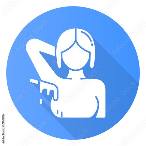 Armpit waxing blue flat design long shadow glyph icon. Female underarm hair removal. Depilation with natural wax. Professional beauty treatment. Clean and silky skin. Vector silhouette illustration