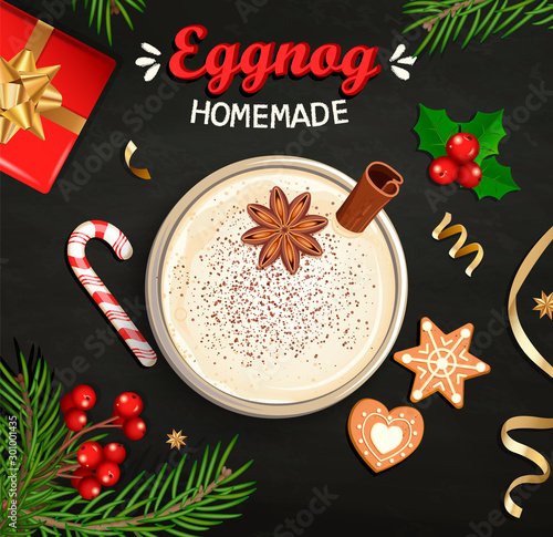 Hot Christmas Eggnog, homemade mulled wine, grog. Cocktail with milk,cinnamon and clove stars. Cozy mug with egg nog surrounded by gift, candy cane, gingerbread, cookie, top view. Vector illustration.