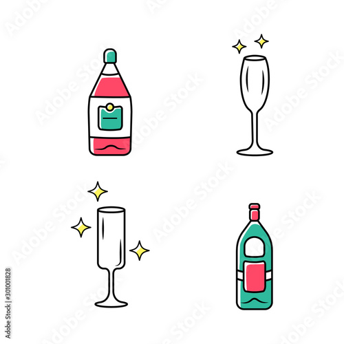 Alcohol drink glassware color icons set. Wine service elements. Empty crystal glasses shapes. Drinks and beverages types. Wine and gin bottles with labels. Isolated vector illustrations