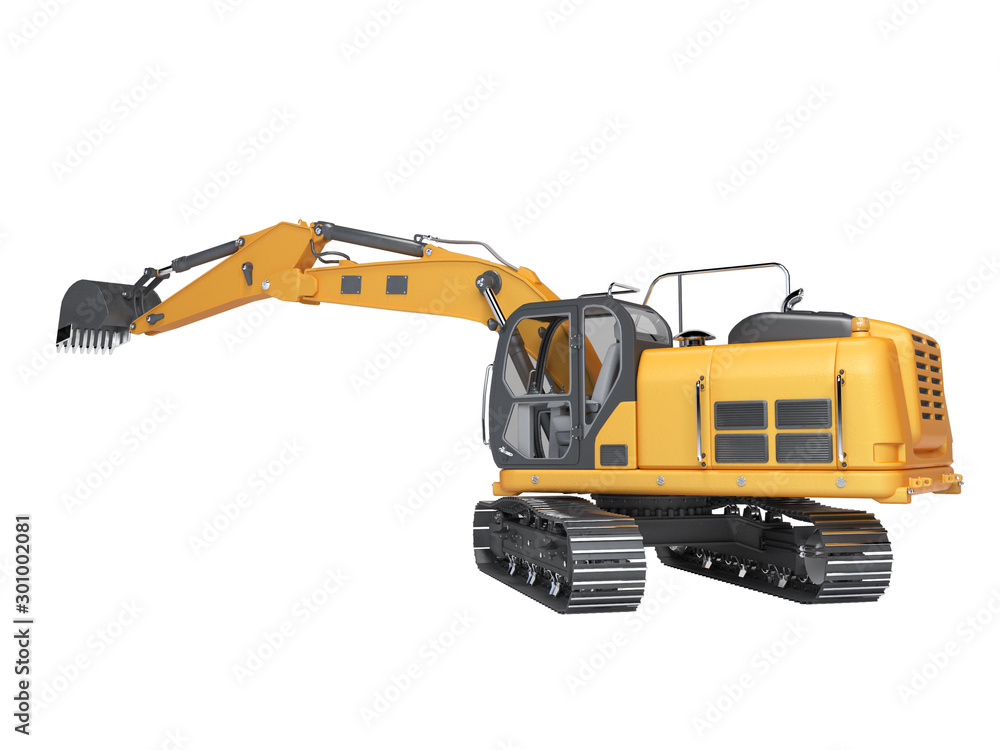 Concept construction equipment hydraulic crawler excavator with raised bucket 3d rendering on white background no shadow