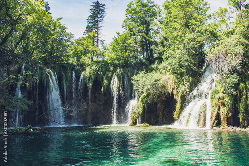 Plitvice Lakes Waterfall in summer day. Croatia. Summer  June .