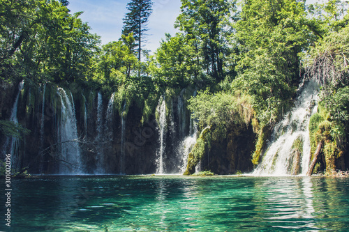 Plitvice Lakes Waterfall in summer day. Croatia. Summer  June .