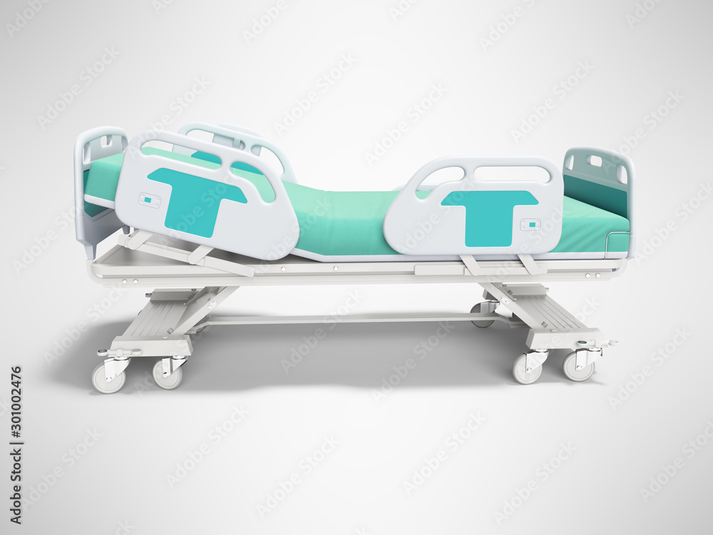 Turquoise hospital bed with lifting mechanism on an autonomous control