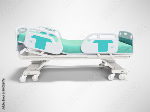 Turquoise hospital bed with lifting mechanism on an autonomous control panel right side view 3D render on gray background with shadow