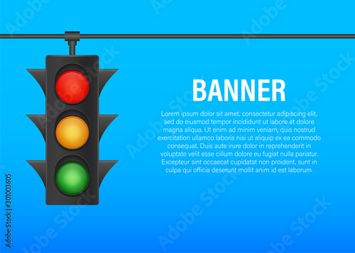 Traffic lights banner on blue background. Vector stock illustration.
