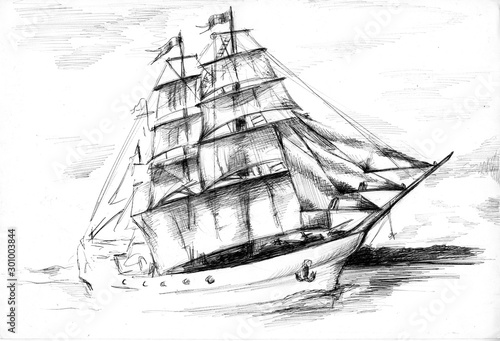 drawing of a sailboat ship in the sea, graphic illustration with ink pen