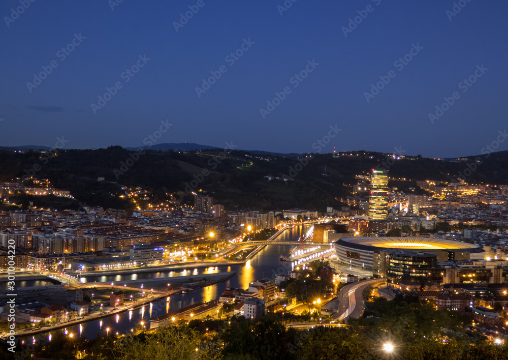 Landscape of the city of Bilbao at night.Top view  .