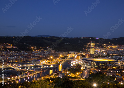 Landscape of the city of Bilbao at night.Top view .