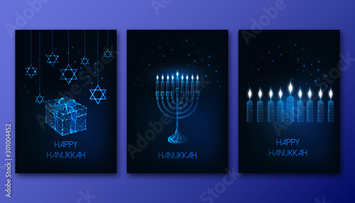 Futuristic glowing low polygonal Hanukkah posters set with menorah, candles, gift box and David star