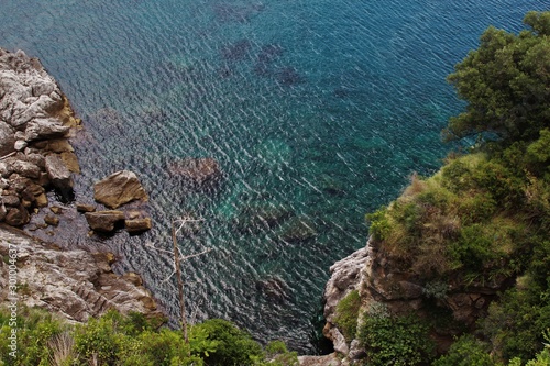 Dubrovnik landscape, Croatian nature. Green rocks and blue sea. Stones at the bottom of the sea. Sunny day. Rocky coast, plants and flowers.