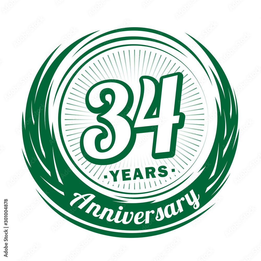 Thirty-four years anniversary celebration logotype. 34th anniversary logo. Vector and illustration.