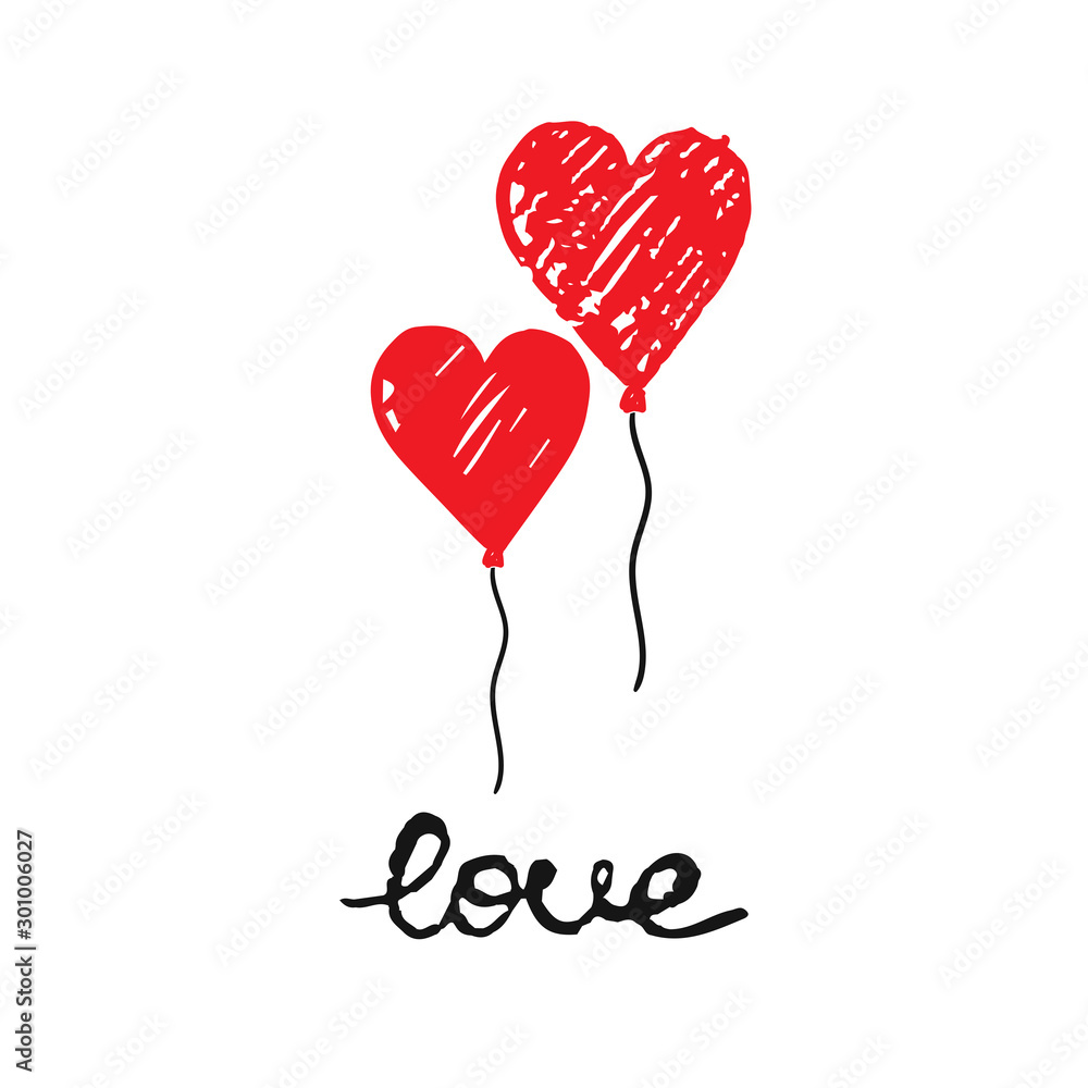 Vector illustration with hand-drawn lettering. love with hot air balloon in the shape of a heart. Calligraphic design. Can be used for t-shirt print, invitation, greeting card, posters, banners
