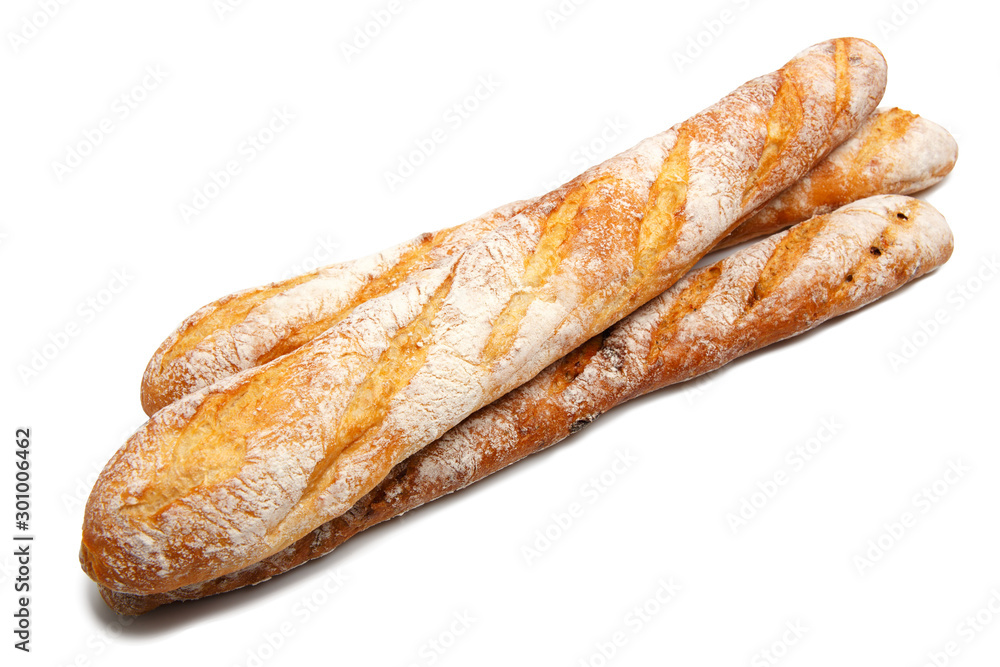 Traditional homemade french bread isolated on a white background
