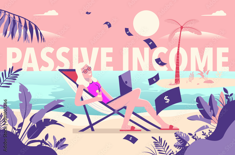 Passive income - woman on beach making money passively. Enjoying free time in the sun, drink in hand, laptop in lap, freedom, rich, wealth, earnings. Money raining down. relaxing in sun