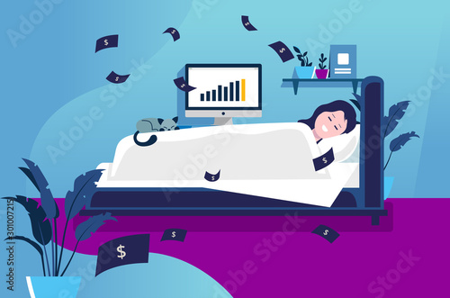 Passive income - woman earning money while sleeping at home, work from home, steady income, raining money, freelance, get rich.