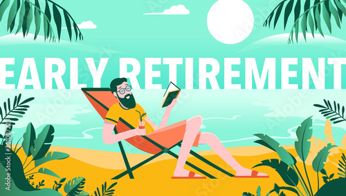 Early retirement - retired man on beach reading a book with drink in hand. Enjoying a holiday with no worries, on vacation, happy. Financial freedom
