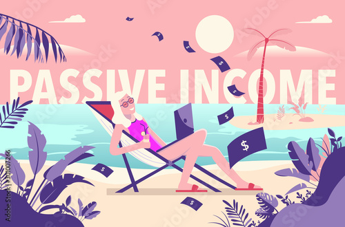 Passive income - woman on beach making money passively. Enjoying free time in the sun, drink in hand, laptop in lap, freedom, rich, wealth, earnings. Money raining down. relaxing in sun #301007266