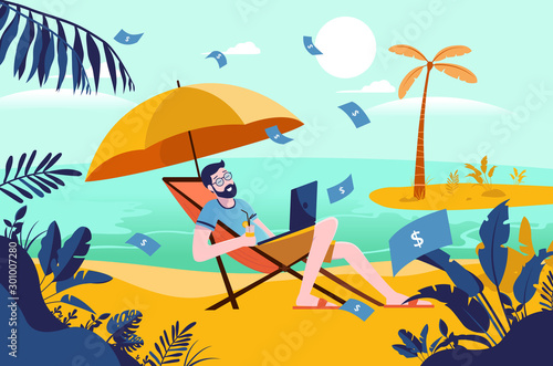 Passive income - grown man on holiday with money raining down, working on laptop, drink in hand. Enjoying vacation, financial freedom. rich. Success, cashflow.