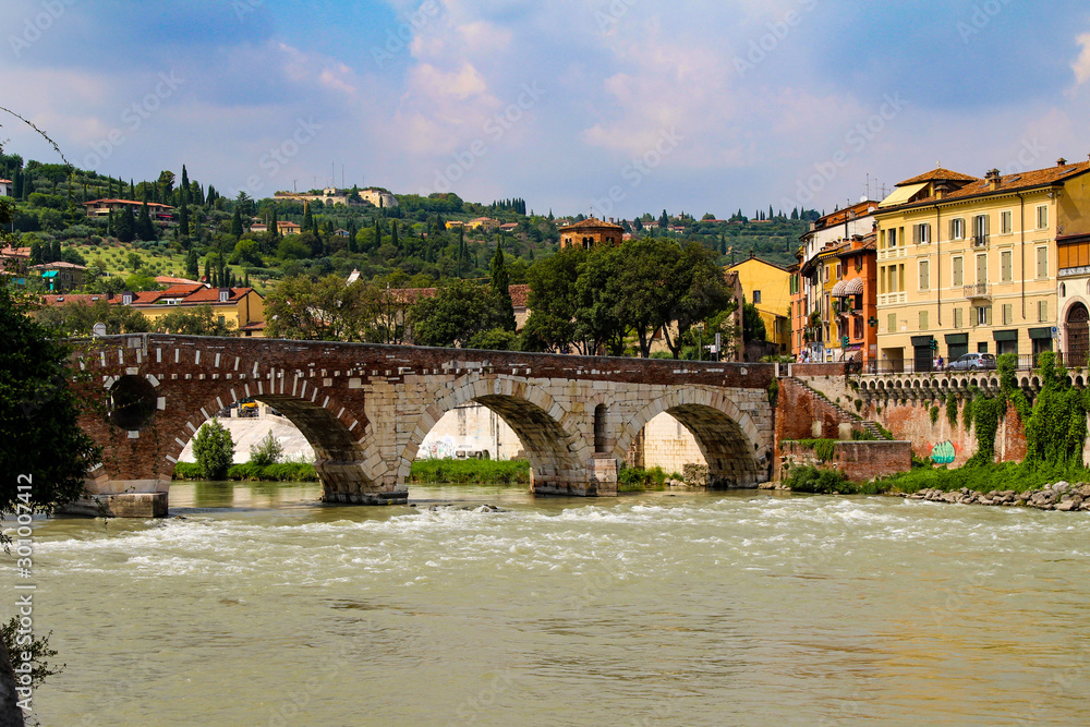 Ponte Pietra, The Stone Bridge in Verona. Castel San Pietro Italy. 