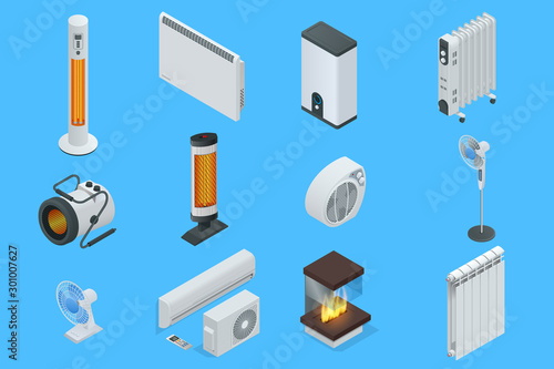 Isometric Home Climate Control Icons. Home climate equipment set fireplace, oil heater with screen controls. Can be used for advertisement, infographics, game or mobile apps icon.